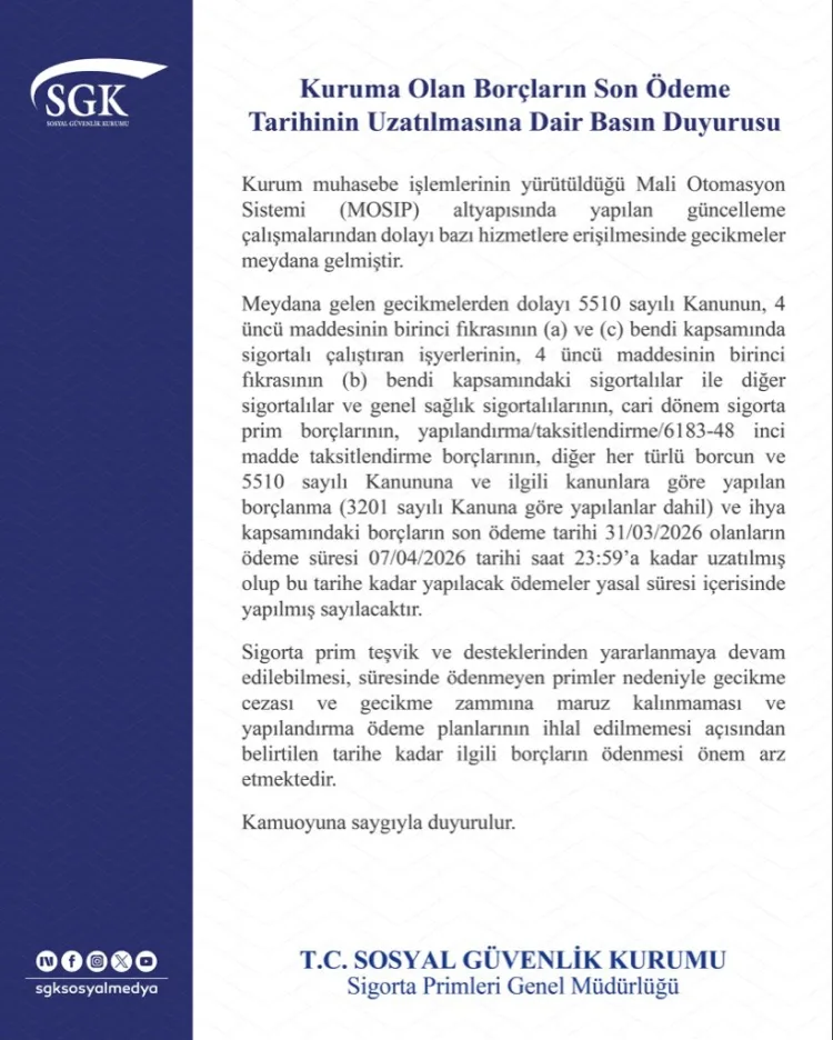 SGK’dan Prim Borçlarına Uzatma Müjdesi!
