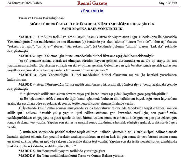 Sığır Tüberkülozu Yönetmeliğinde Önemli Değişiklikler