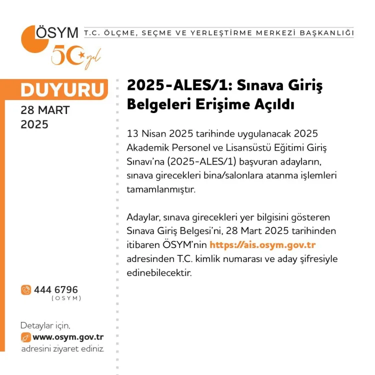 ÖSYM tarafından duyurulan ALES ve DİB sınavı belgeleri