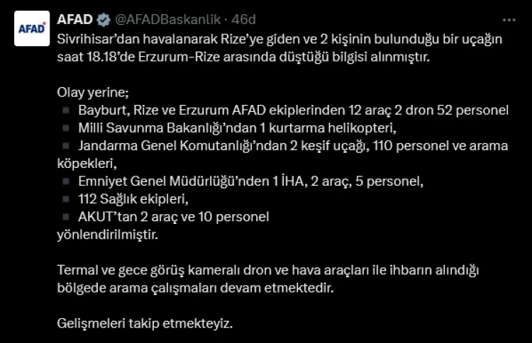 Sivrihisar’dan Rize’ye Uçak Kazası: Arama Başladı!