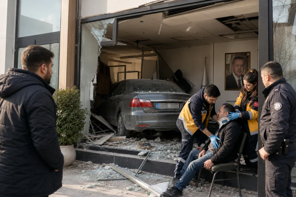 Soma’da Parti Binasına Araç Girdi, Sürücü Yaralandı