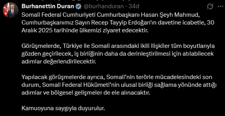 Somali Cumhurbaşkanı Türkiye’yi Ziyaret Edecek
