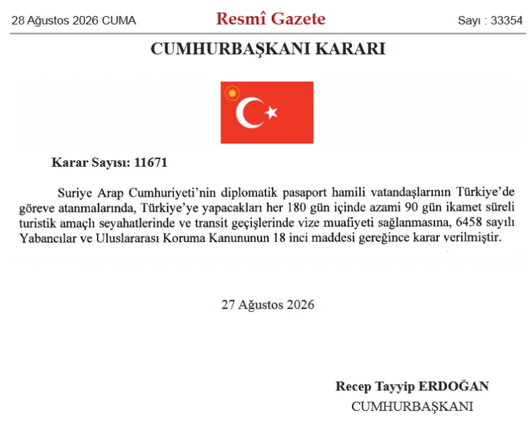Suriye Diplomatlarına Türkiye’de Vize Muafiyeti!