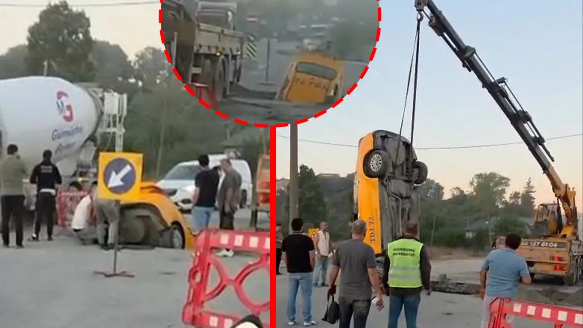 Taksi, çukura düşerek 1,5 saat mahsur kaldı!