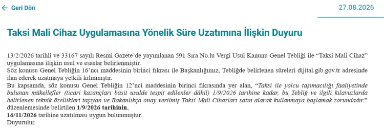 Taksi Mali Cihaz Kullanım Süresi Uzatıldı!