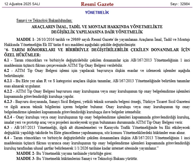 Tarım Römorkları İçin Yeni Tip Onay Düzenlemesi!