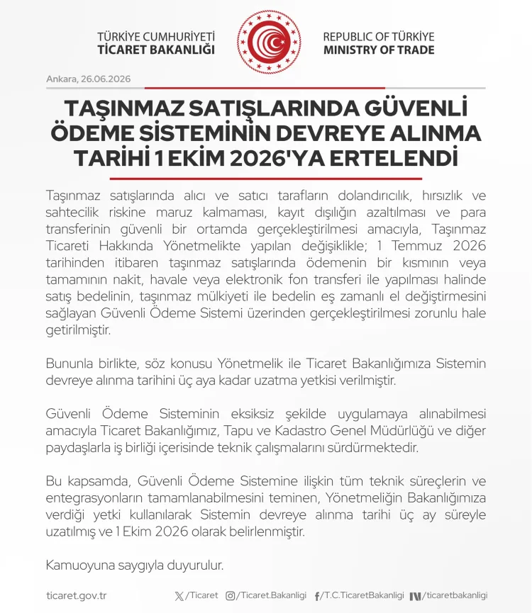 Taşınmaz Alımında Güvenli Ödeme 2026’ya Ertelendi