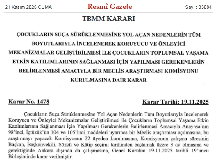 TBMM, Çocuk Suçluluğuna Karşı Komisyon Kurdu
