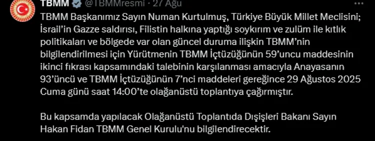 TBMM, Gazze İçin Olağanüstü Toplantıya Çağırdı