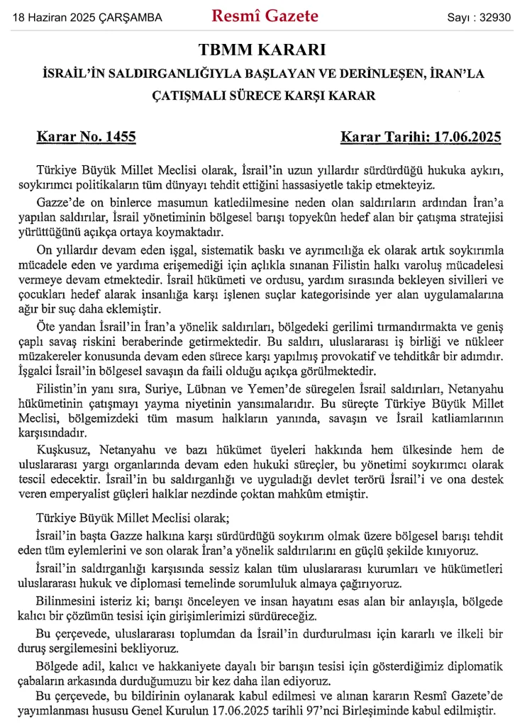 TBMM, İsrail’in Saldırılarını Oybirliğiyle Kınadı