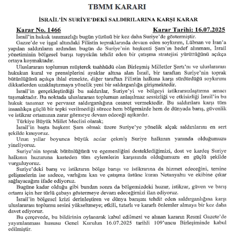 TBMM, İsrail’in Suriye Saldırılarını Kınadı!