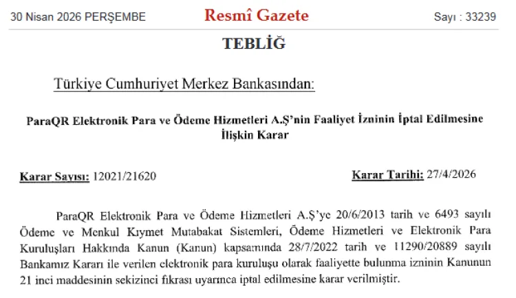 TCMB, ParaQR’nin Faaliyet İznini İptal Etti