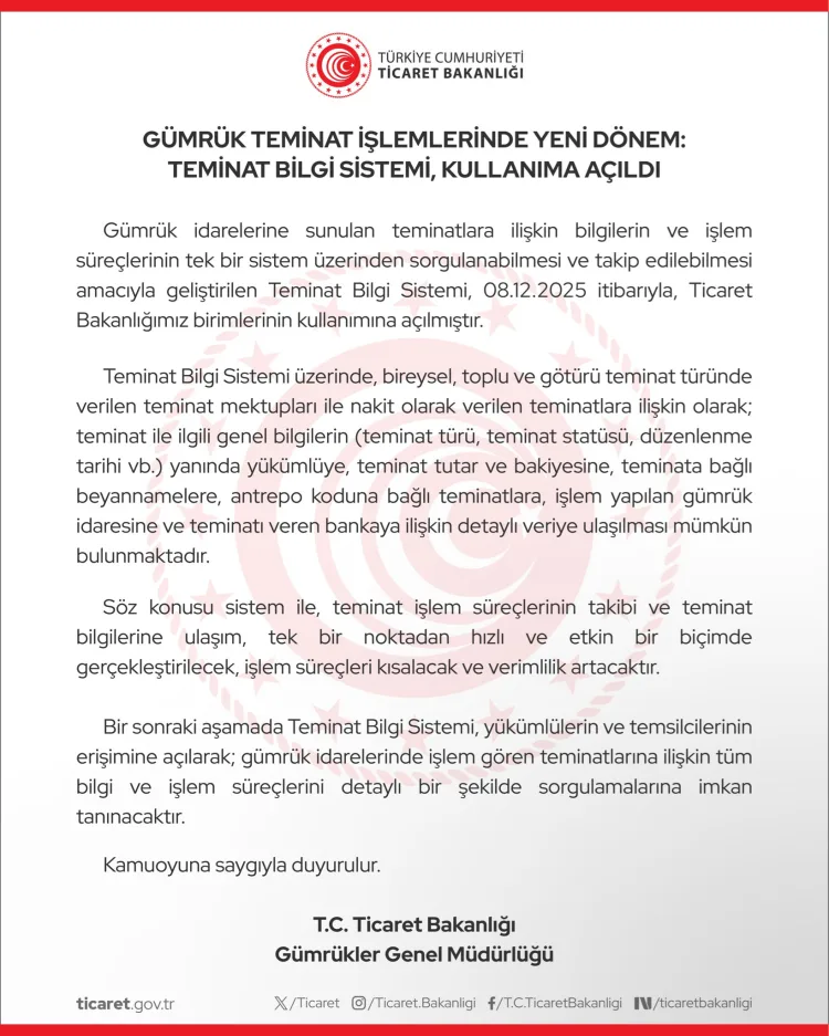 Teminat Bilgi Sistemi ile Gümrük İşlemleri Kolaylaşıyor