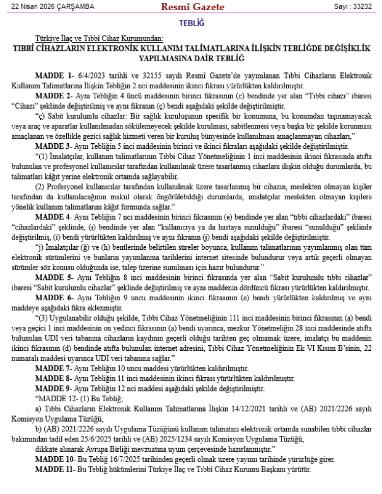 Tıbbi Cihazlarda Elektronik Talimat Değişikliği