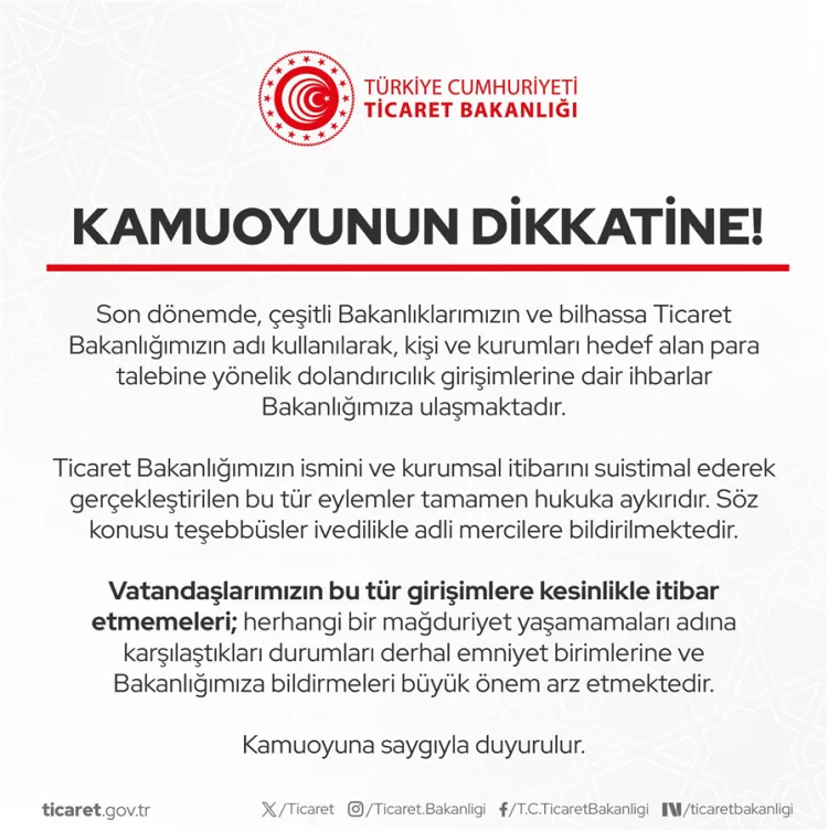 Ticaret Bakanlığı’ndan Dolandırıcılık Uyarısı