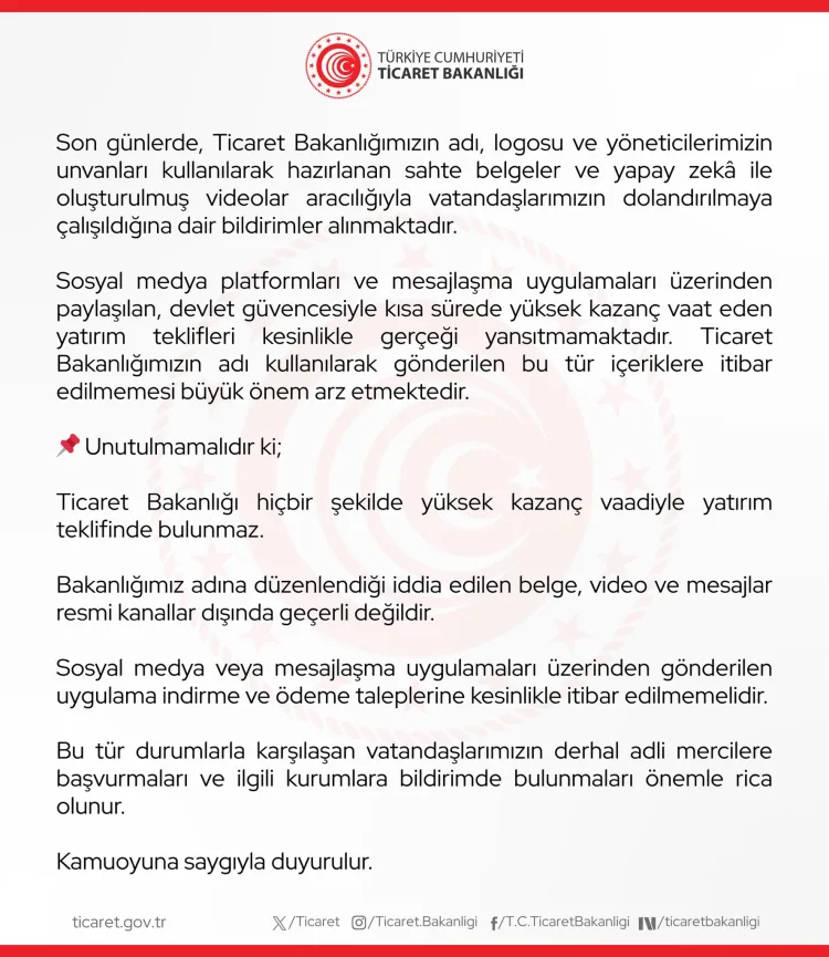 Ticaret Bakanlığı’ndan Dolandırıcılık Uyarısı!