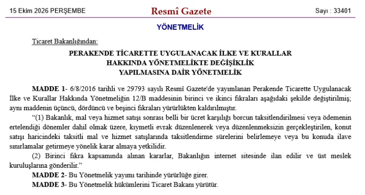 Ticaret Bakanlığı’ndan Taksit Düzenlemesinde Değişiklik