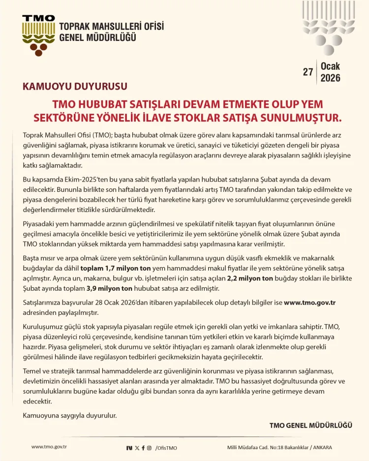 TMO, 3,9 Milyon Ton Yem ve Hububat Satışı Yapacak!