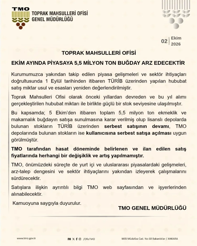 TMO, 5 Ekim’den İtibaren 5,5 Milyon Ton Buğday Satacak!