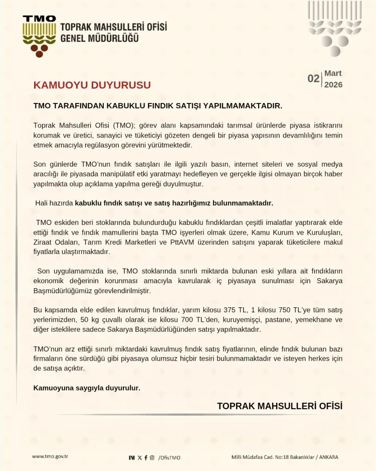 TMO’dan Fındık Satışı Açıklaması: Yalanlama Geldi!