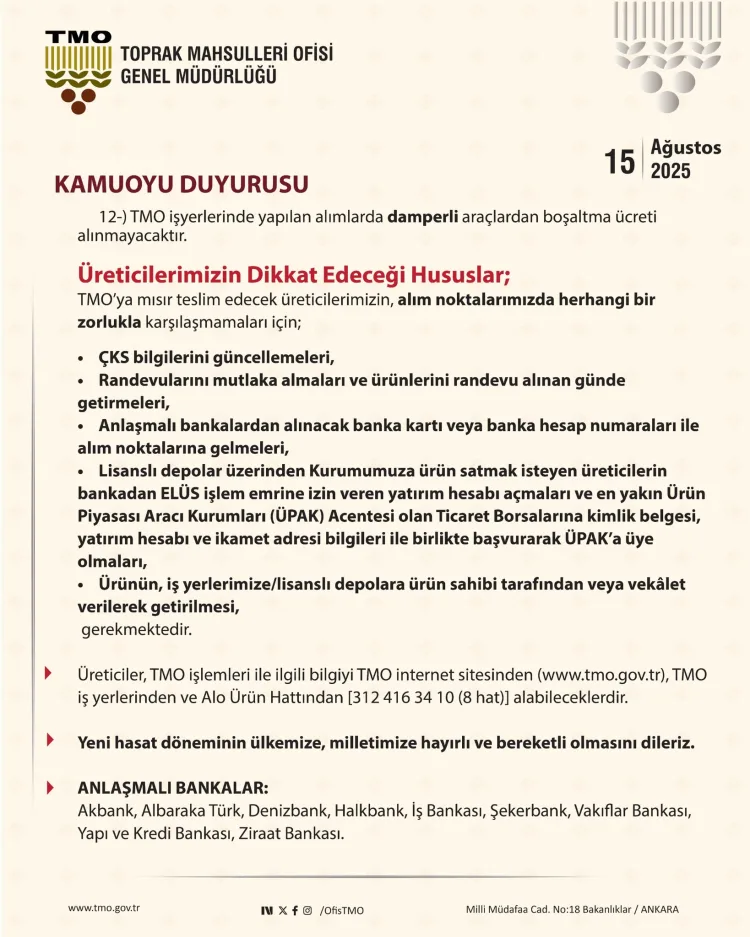 TMO, Mısır Alımlarına Başlıyor: Fiyat 11.300 TL!