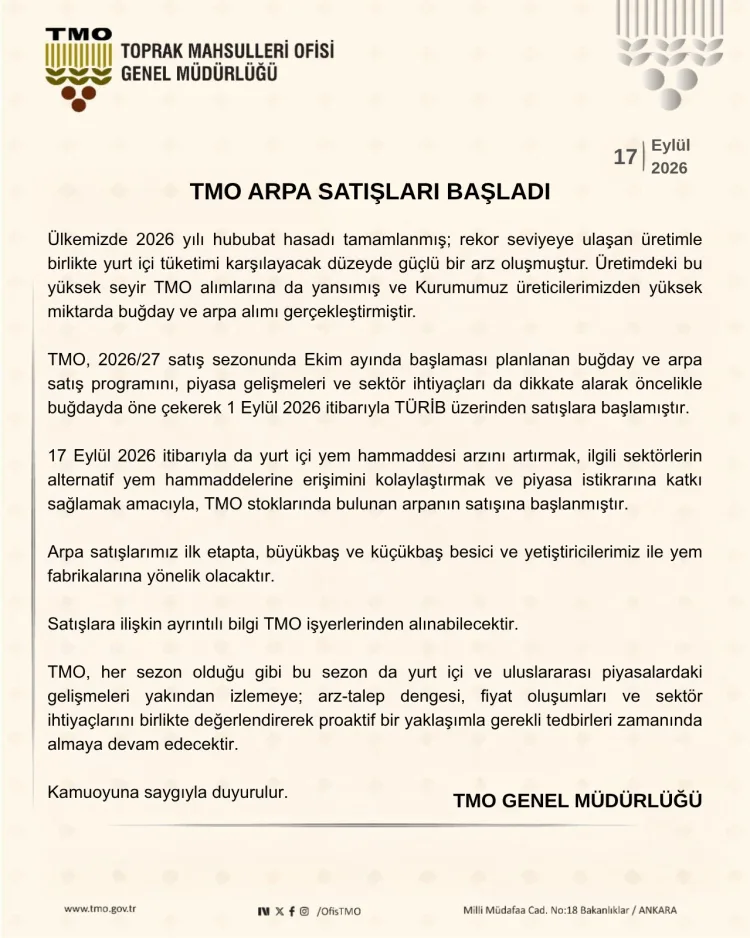 Toprak Mahsulleri Ofisi 2026 Hasat Satışlarına Başladı