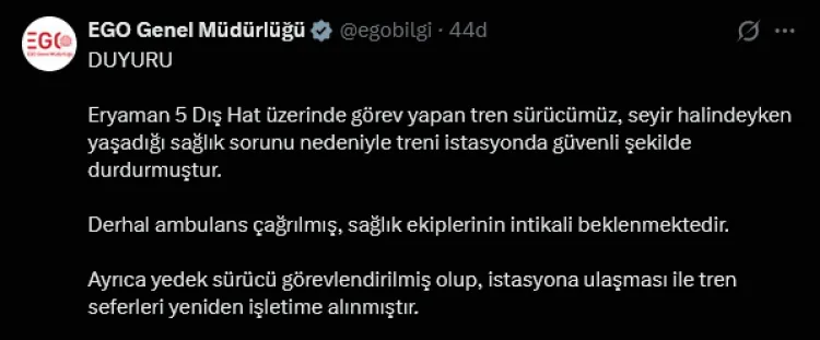 Tren Sürücüsü Sağlık Sorunu Yaşadı, Seferler Devam Ediyor!