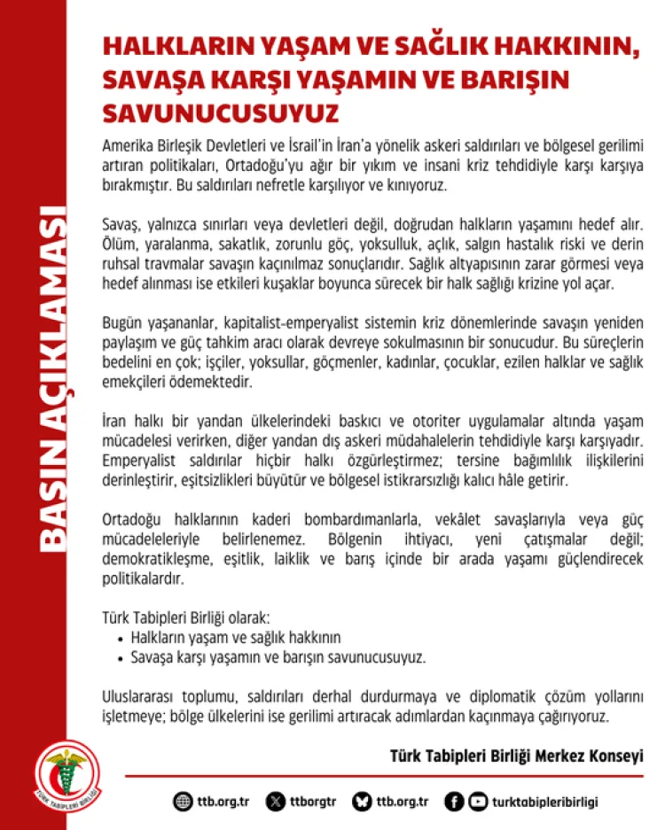 TTB’den ABD ve İsrail’e Saldırılara Kınama
