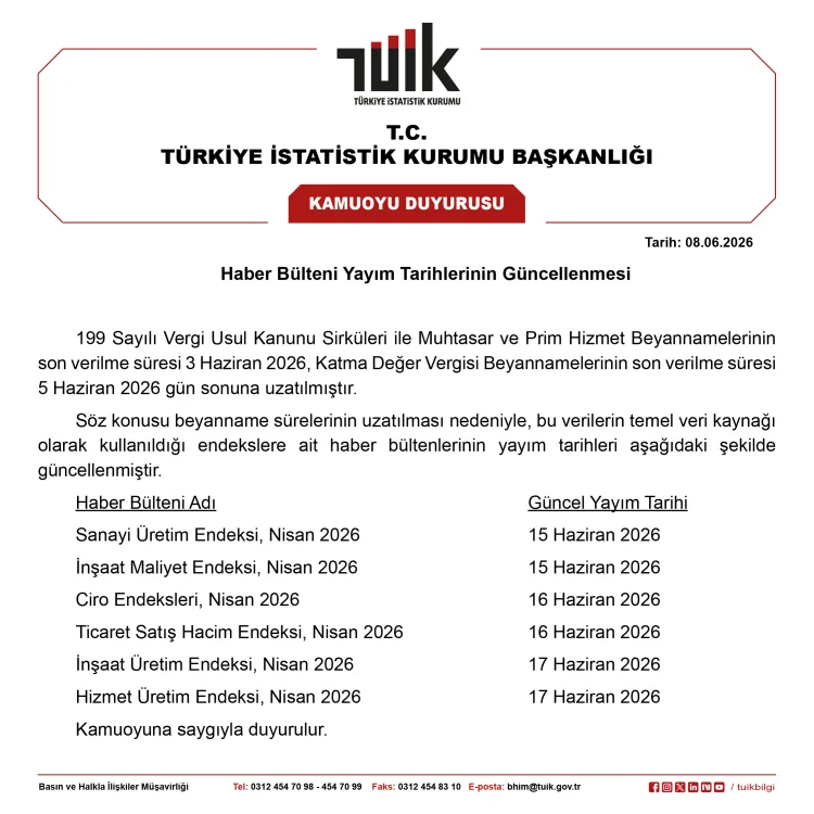 TÜİK’ten Ekonomik Göstergelere Yeni Tarihler!