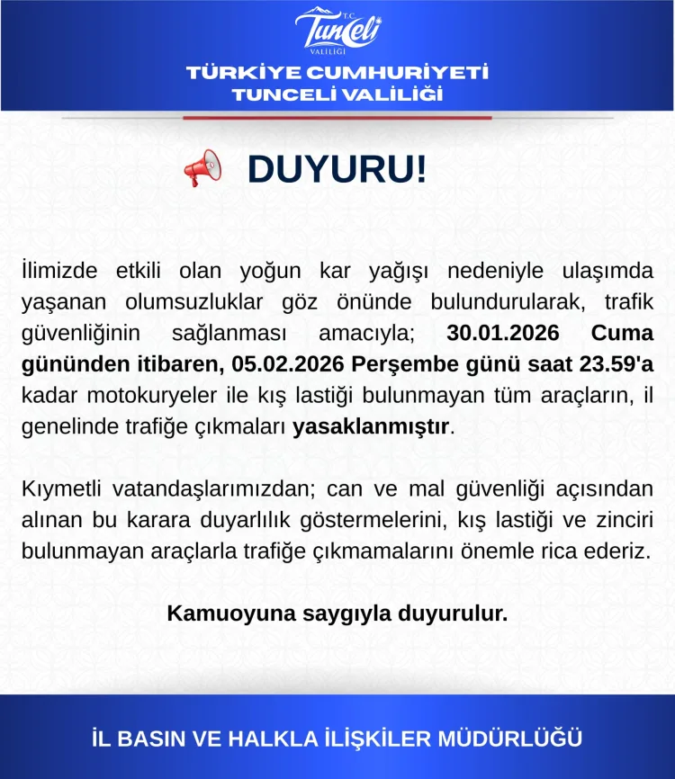 Tunceli’de Kar Yağışı Nedeniyle Trafik Yasakları!