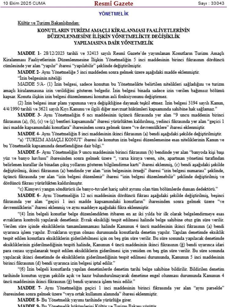 Turizm Kiralamalarında Yönetmelik Değişikliği
