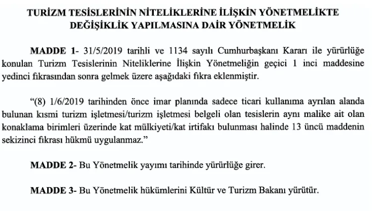 Turizm Tesislerine Kat Mülkiyeti İstisnası Geldi!