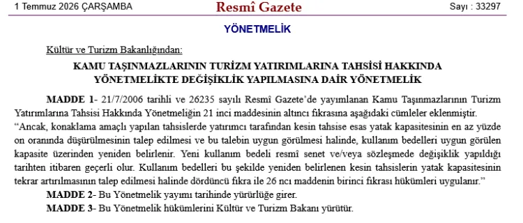 Turizm Yatırımlarında Yeni Yönetmelik Değişikliği