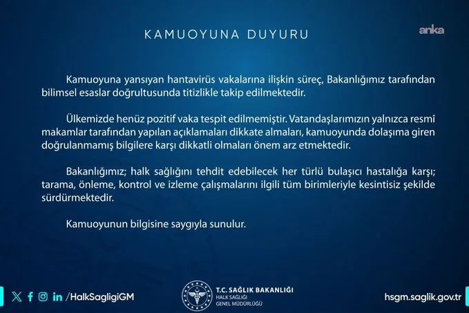 Türkiye’de Hantavirüs Vakası Yok, Bakanlık Açıkladı