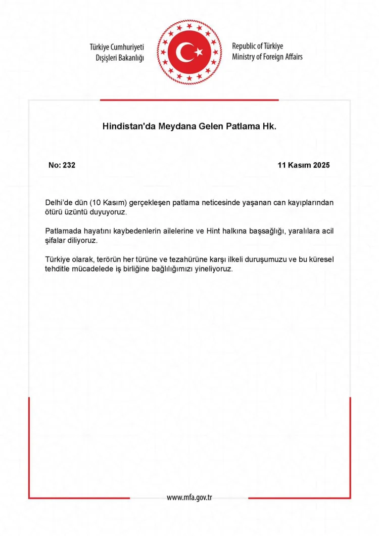 Türkiye’den Delhi Patlaması İçin Taziye Mesajı