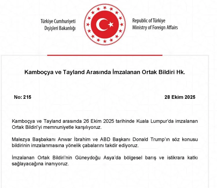 Türkiye’den Kamboçya-Tayland Bildirisine Destek