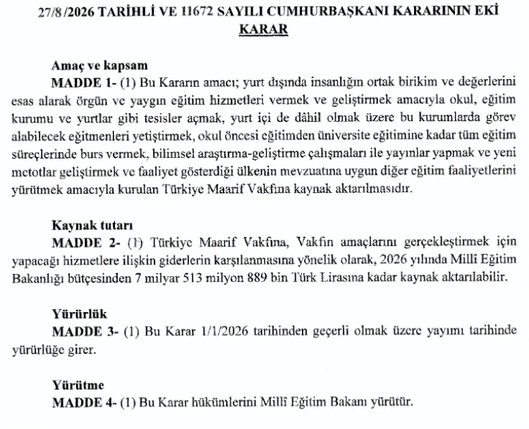 Türkiye Maarif Vakfı’na 7,5 Milyar Lira Kaynak!