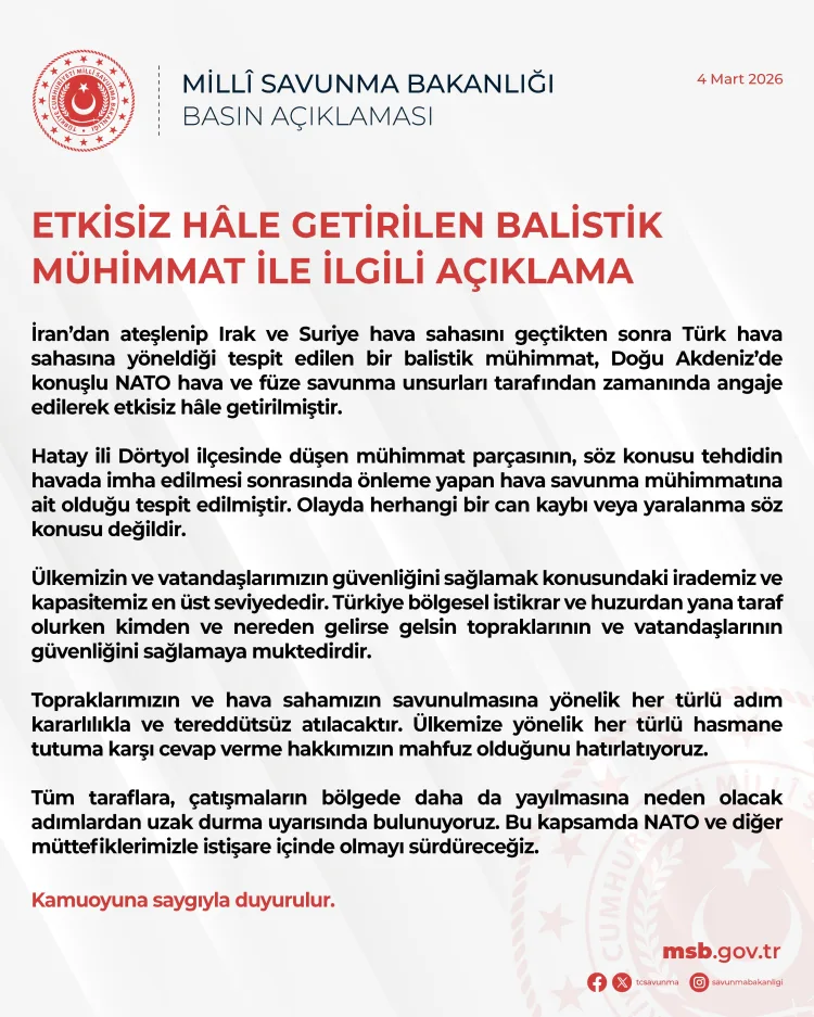 Türkiye’ye Yönelen Balistik Tehdit İmha Edildi
