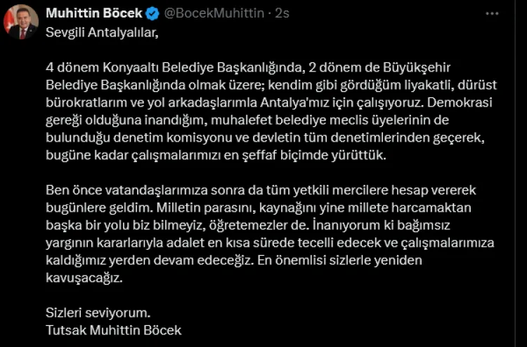 Tutsak Başkan’dan Antalyalılara Duygu Dolu Mesaj