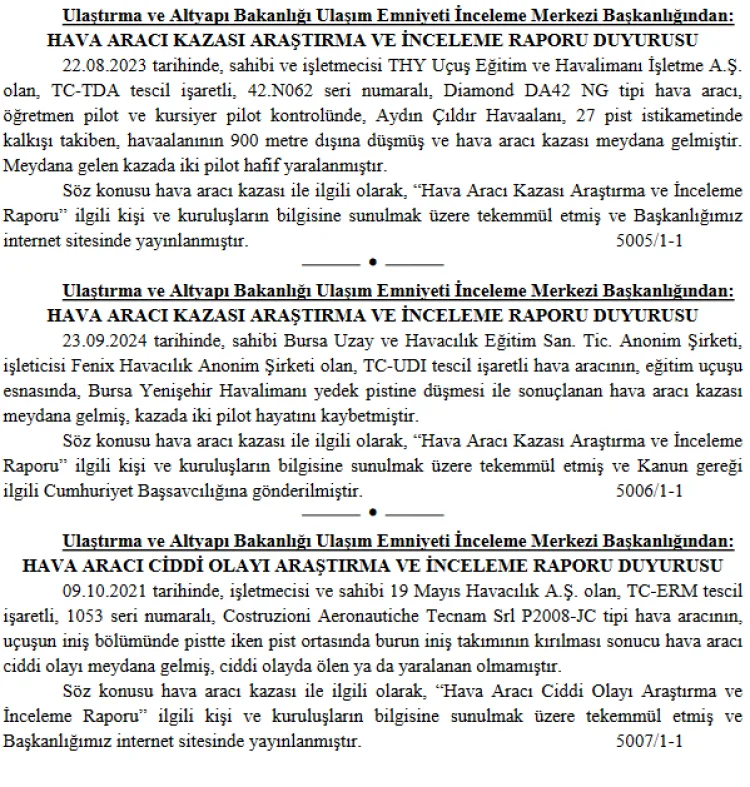 Uçak Kazalarına İlişkin Raporlar Tamamlandı