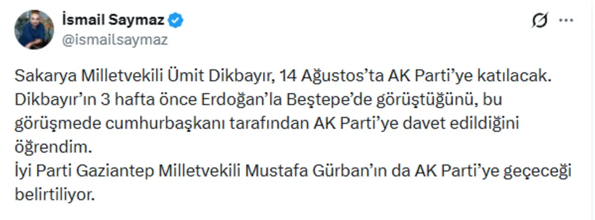 Ümit Dikbayır AK Parti'ye katılıyor! Sosyal medyadan duyurdu: 'Daha önce çağırmışlardı, bekledim'