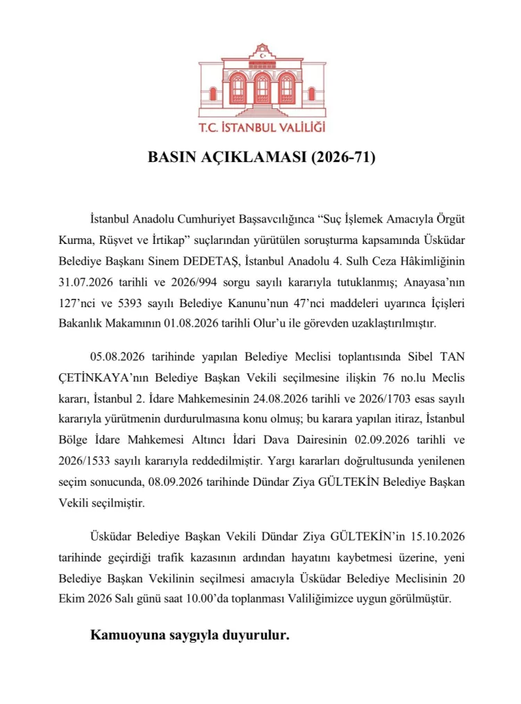 Üsküdar’a Yeni Başkan Vekili Seçimi 20 Ekim’de!