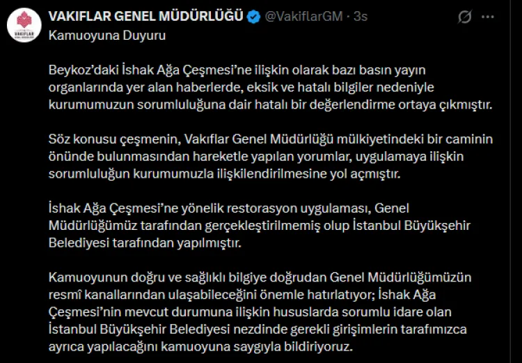 Vakıflar: İshak Ağa Çeşmesi Restorasyonu Bizden Değil