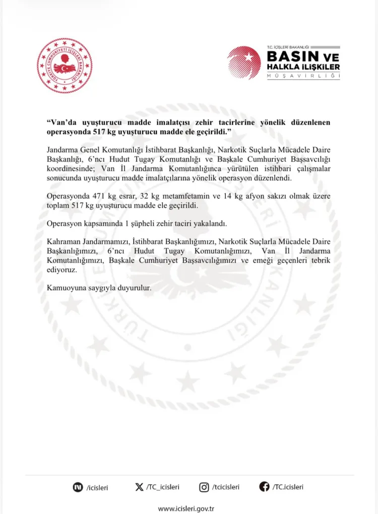 Van’da 517 Kilogram Uyuşturucu Ele Geçirildi!