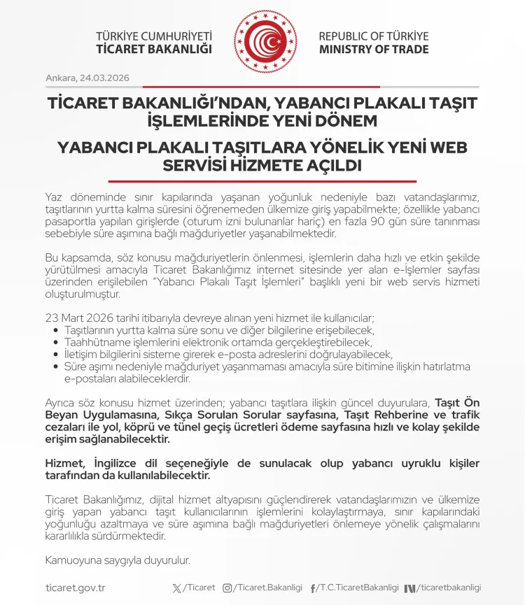 Yabancı Plakalı Araçlar İçin Yeni Dijital Hizmet