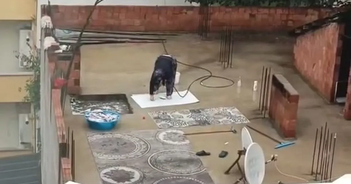 Yağmurda Çatıda Halı Yıkayan Kadın Şaşırttı!