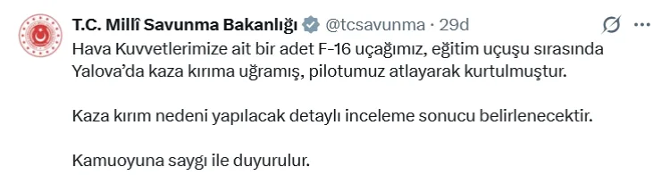 Yalova’da F-16 Uçağı Eğitim Uçuşunda Kaza Geçirdi!