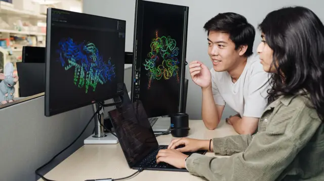 Bir laboratuvar veya araştırma ofisi ortamı gibi görünen bir yerde, bir masada birlikte çalışan iki kişi. Büyük bilgisayar monitörlerinde koyu arka planlar üzerinde renkli üç boyutlu moleküler veya protein yapı modelleri görüntülenirken, masadaki bir dizüstü bilgisayarda kod satırları veya veriler gösteriliyor. Bir kişi dizüstü bilgisayarı kullanarak oturuyor, diğeri ise ekranlara doğru eğiliyor ve her ikisi de bilimsel görselleştirmelere odaklanıyor. Arka planda laboratuvar rafları ve ekipmanları görünüyor, bu da biyomedikal, biyoteknoloji veya hesaplamalı araştırma ortamını düşündürüyor. Sahne, karmaşık biyolojik yapıları incelemek için bilgisayar tabanlı analiz ve görselleştirme araçlarının kullanımını vurguluyor.