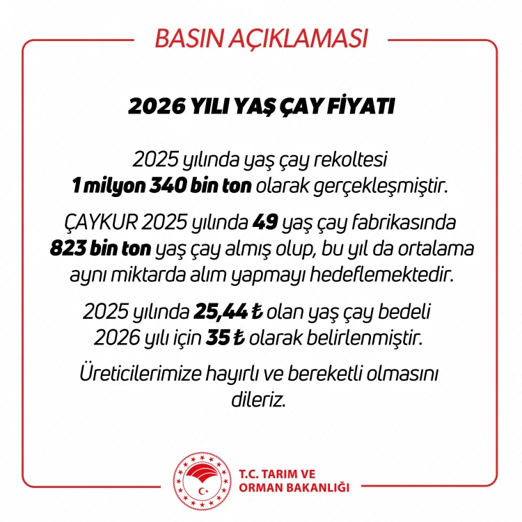 Yaş Çay Fiyatı 2026’da 35 Lira Olarak Belirlendi