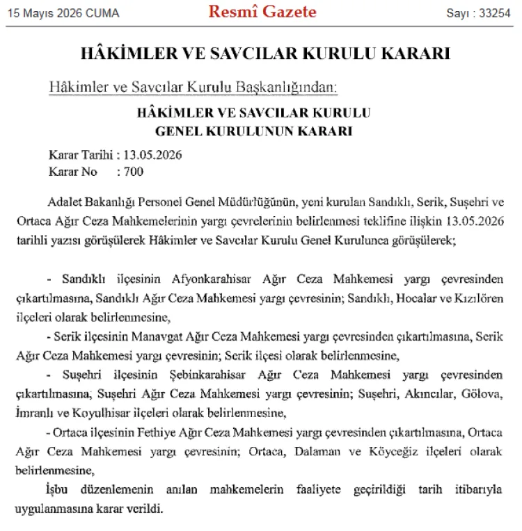 Yeni Ağır Ceza Mahkemeleri Resmen Belirlendi!